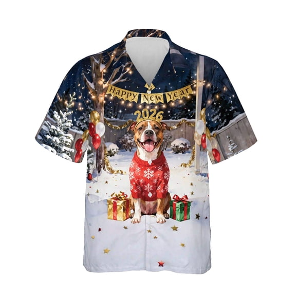 Happy New Year 2026 Pitbull Holiday Balloons Party Snow Hawaiian Shirt Breathable Summer Unisex Merch Terrier Dog Lover - 13018