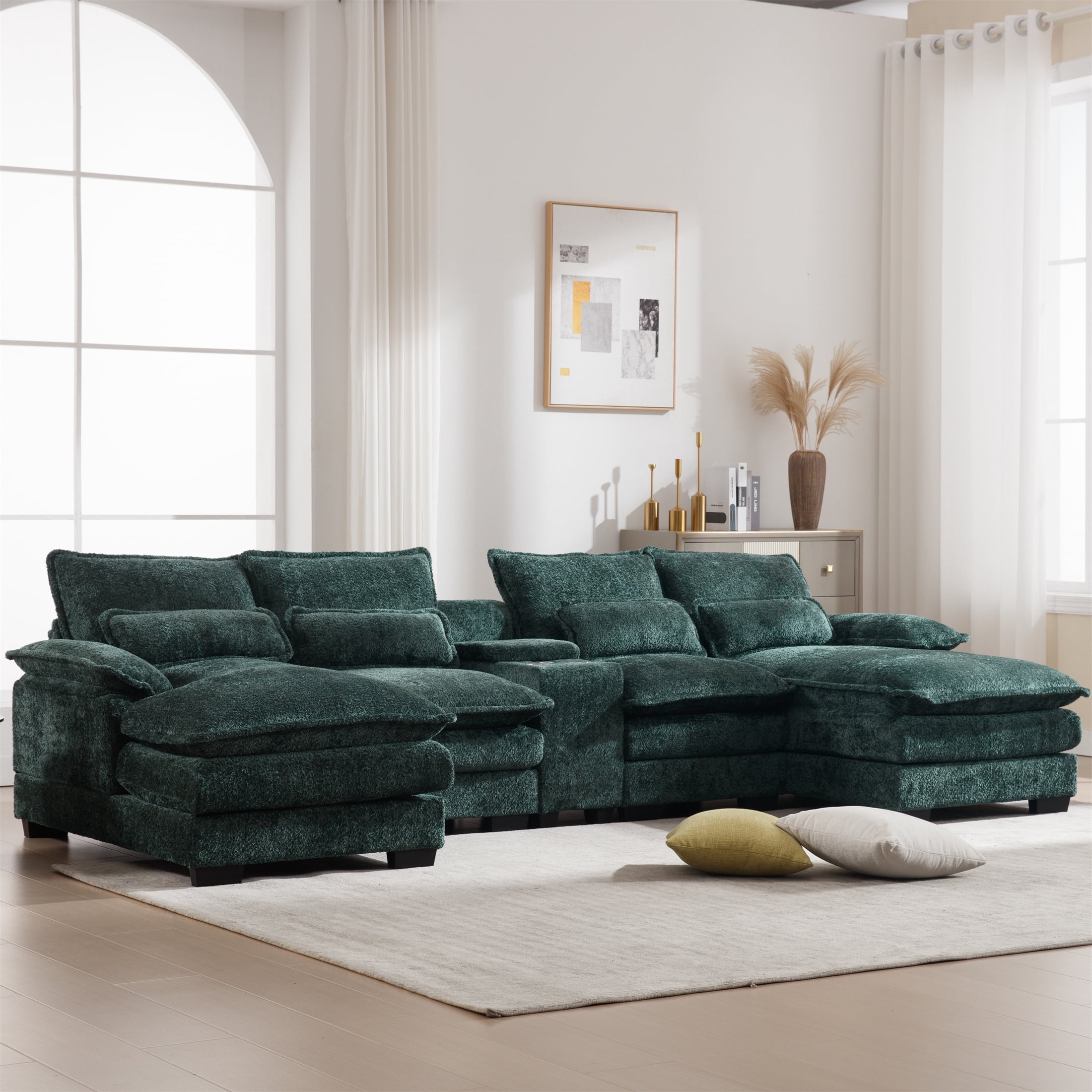 Aukfa 123" Oversized Sectional Sofa U-shaped Couch w/ Cupholder Console & USB Port for Living Room, Chenille, Green