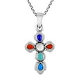 thumbnail image 2 of Vibrant Faith Mixed Stone Inlays Sterling Silver Stylized Cross Necklace, 2 of 6
