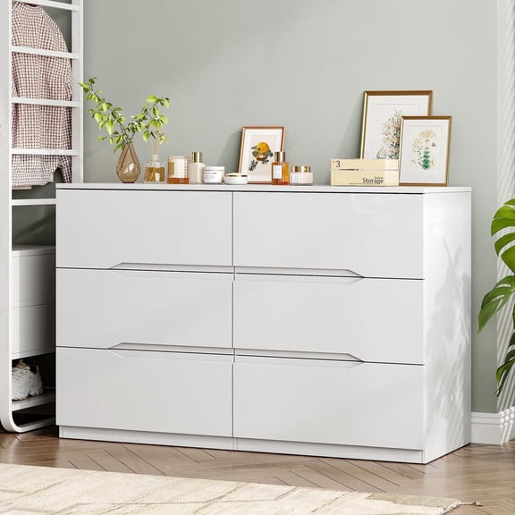 47.2" White 6-Drawer Dresser – Groove Handle Chest for Bedroom