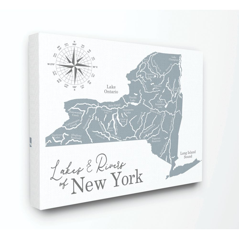 Stupell Industries Lakes And Rivers New York State Blue Map Canvas Wall Art by Daphne Polselli
