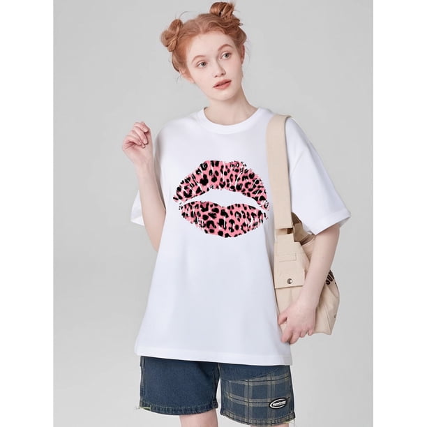 Camiseta de cuello redondo con estampado de labios, top informal de manga corta para mujer, ideal para primavera y verano, ideal para deportes de ocio.