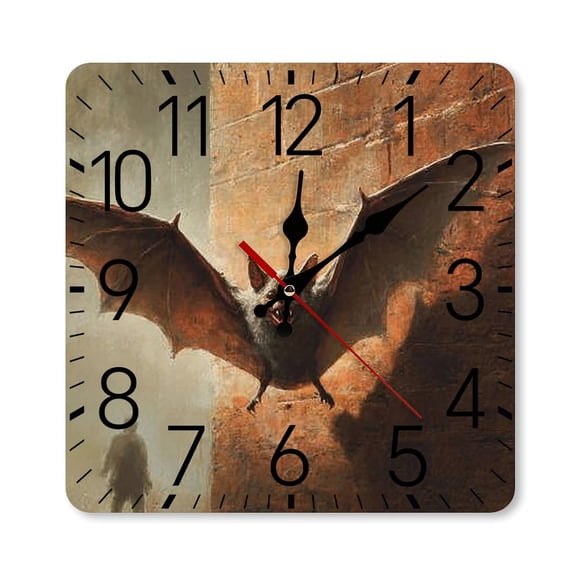 RKSupls 10×10inch Square Silent Wall Clock Wooden Frame, Bat Flying Wall Scale Decorative Clock for Home Bedroom Living Room Office