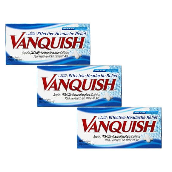 3 Pack - Vanquish Effective Headache Relief – Aspirin (NSAID), Acetaminophen, Caffeine, 100 Analgesic Coated Caplets