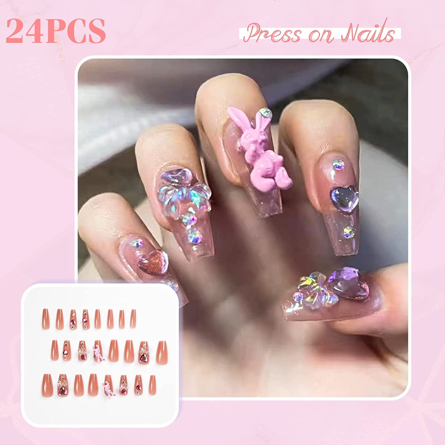 24Pcs Press on Nails Long Exquisite Fake Nails Pink India