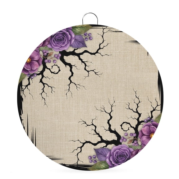 Welcome Sign for Front Door, Halloween Round Metal Wall Art Wreaths, Fall Farmhouse Spooky Branches Flowers Beige Outdoor Indoor Wall Hanging Sign for Porch Decor Housewarming Gifts 5.9 Inch