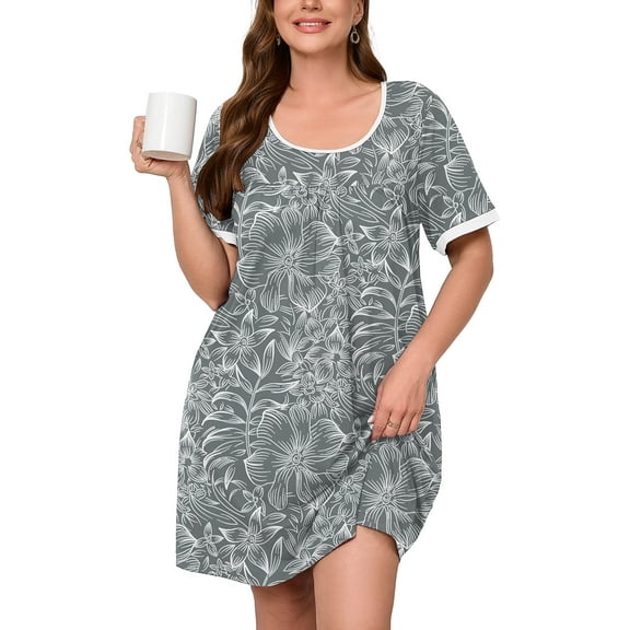 SHOWMALL Women's Plus Size Nightgown Short Sleeve Floral Sleepwear Gray Petals 3X Comfy Sleepshirts Pleated Scoopneck Nightshirt Casual Loungewear