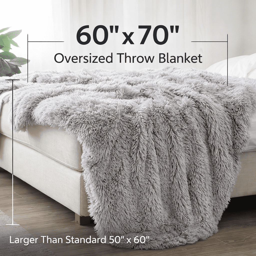 Reafort Luxury Long Hair Shaggy PV Fur Faux Fur Oversized Throw Blanket (Grey, 60"X70" Throw)
