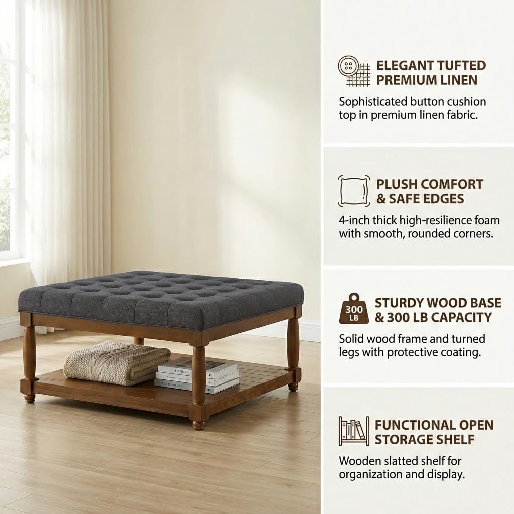 ODUWA Coffee Table Ottoman with Storage Shelf, Tufted Upholstered Footrest Stool, Solid Wood Base Accent Table for Living Room