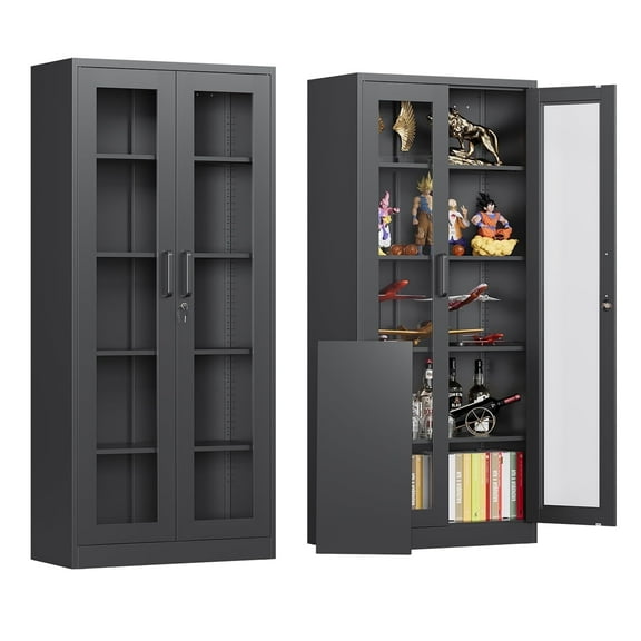 Fesbos Tall Bookcase Storage Cabinet with Tempered Glass Door,Metal Display Cabinet with 4 Adjustable Shelves,5-Tier Curio Cabinet for Home, Study, Living Room and Office