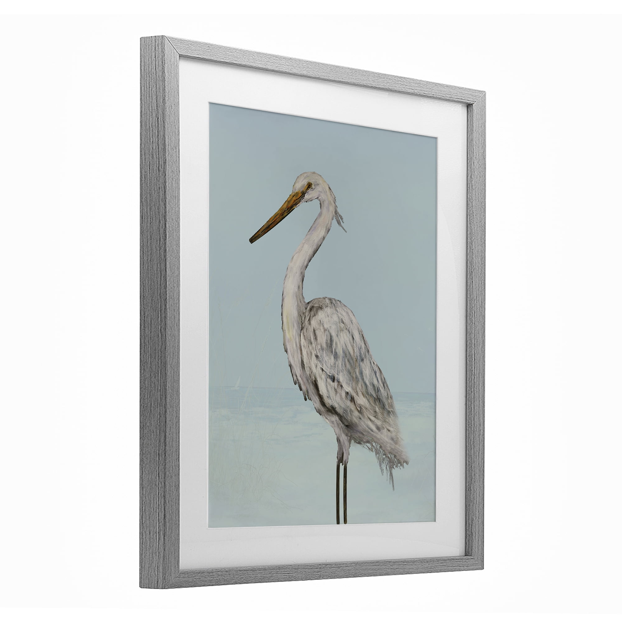 Stupell Industries Coastal Heron Muted Blue Gray Framed Print Under Glass, design by Julie DeRice