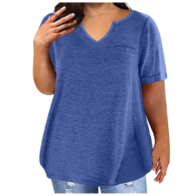 Jsaierl Women's Summer Solid Color Tops Plus Size Short Sleeve Notched V Neck Shirts Work Business Life Blouses