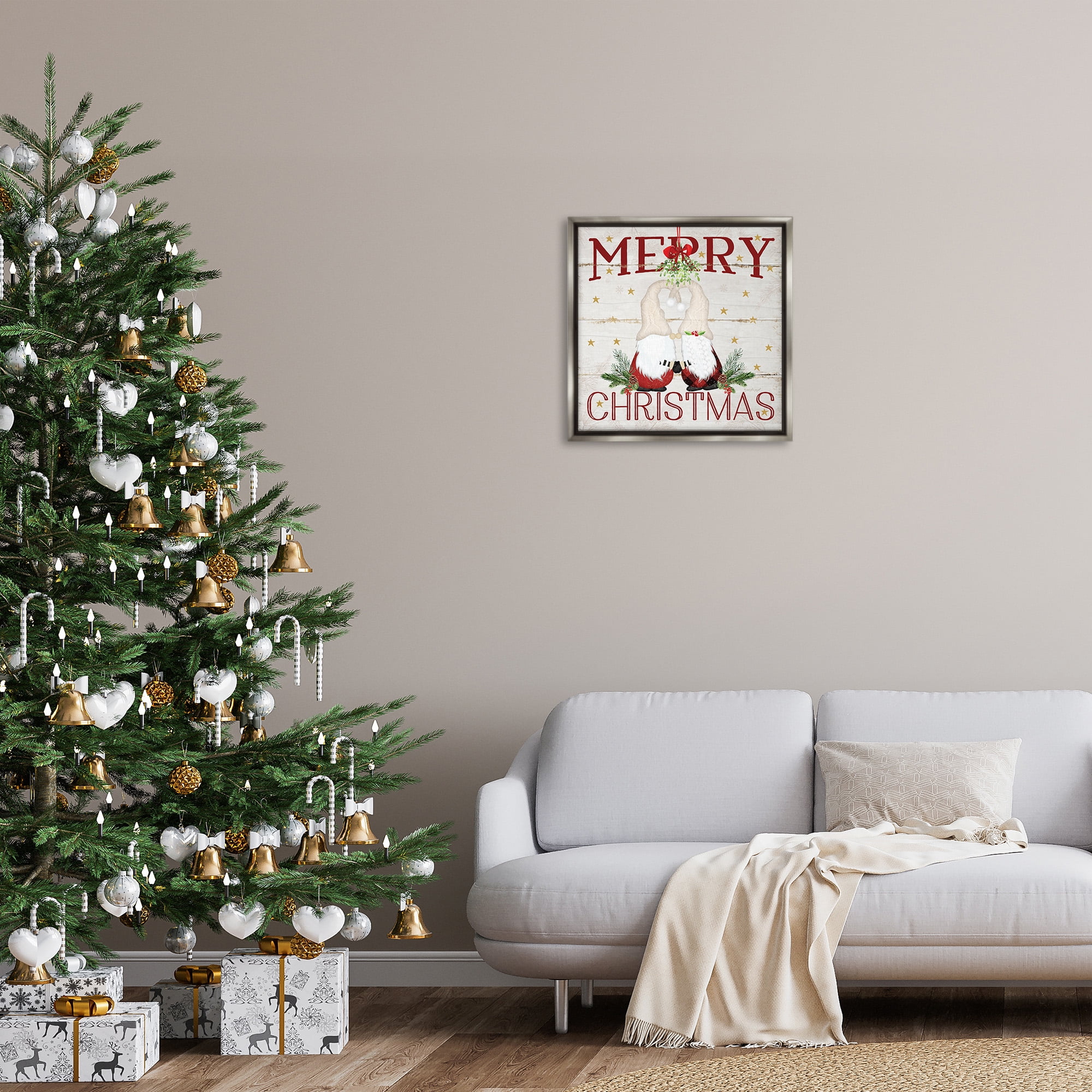 Stupell Industries Holiday Gnomes Under Mistletoe Holiday Painting Gray Floater Framed Canvas Art Print Wall Art, 25 x 25