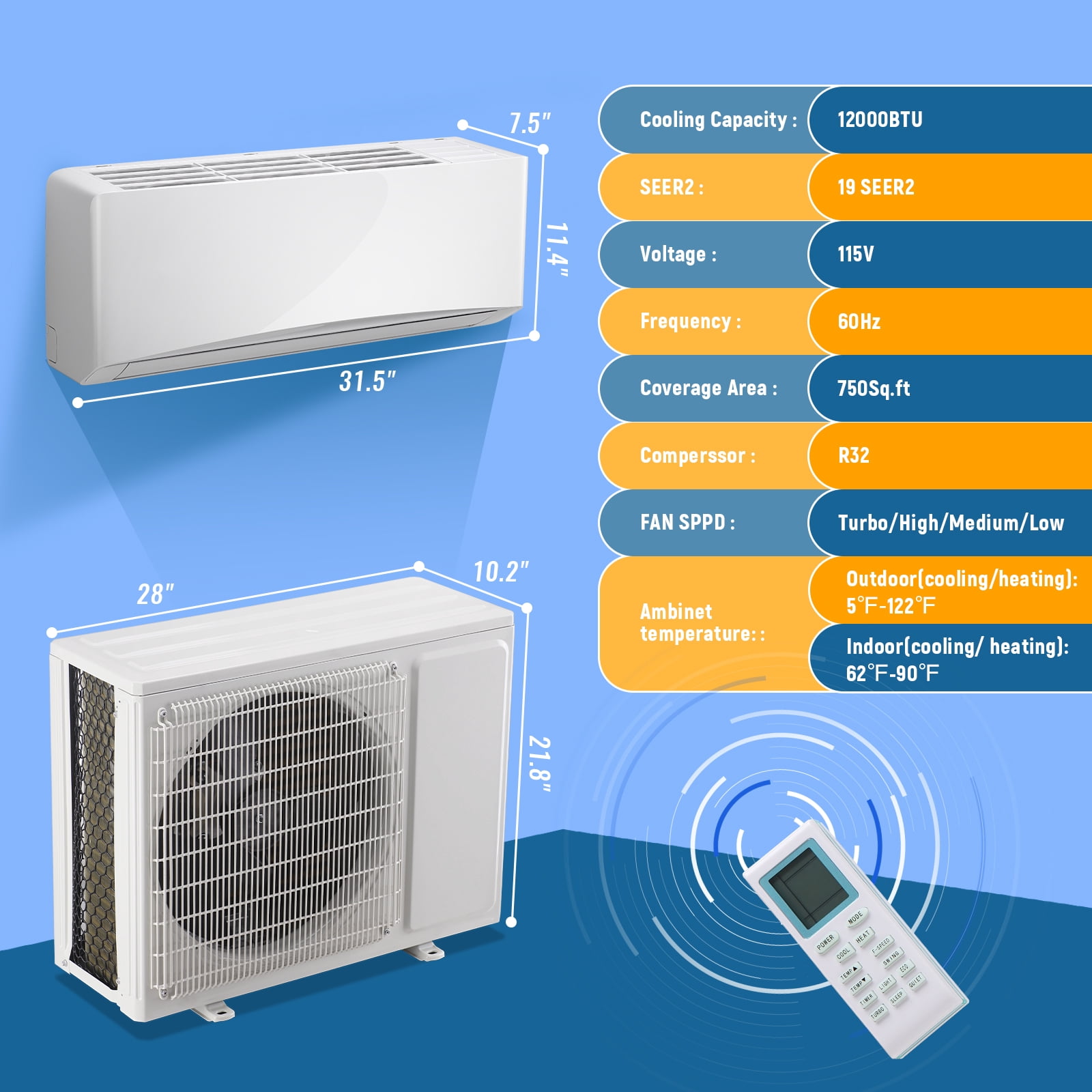 12000 BTU Mini Split Air Conditioner& Heater, Inverter Split AC 17 SEER2 Energy Saving 115V Cools Rooms up to 750 Sq.Ft Remote Control Included