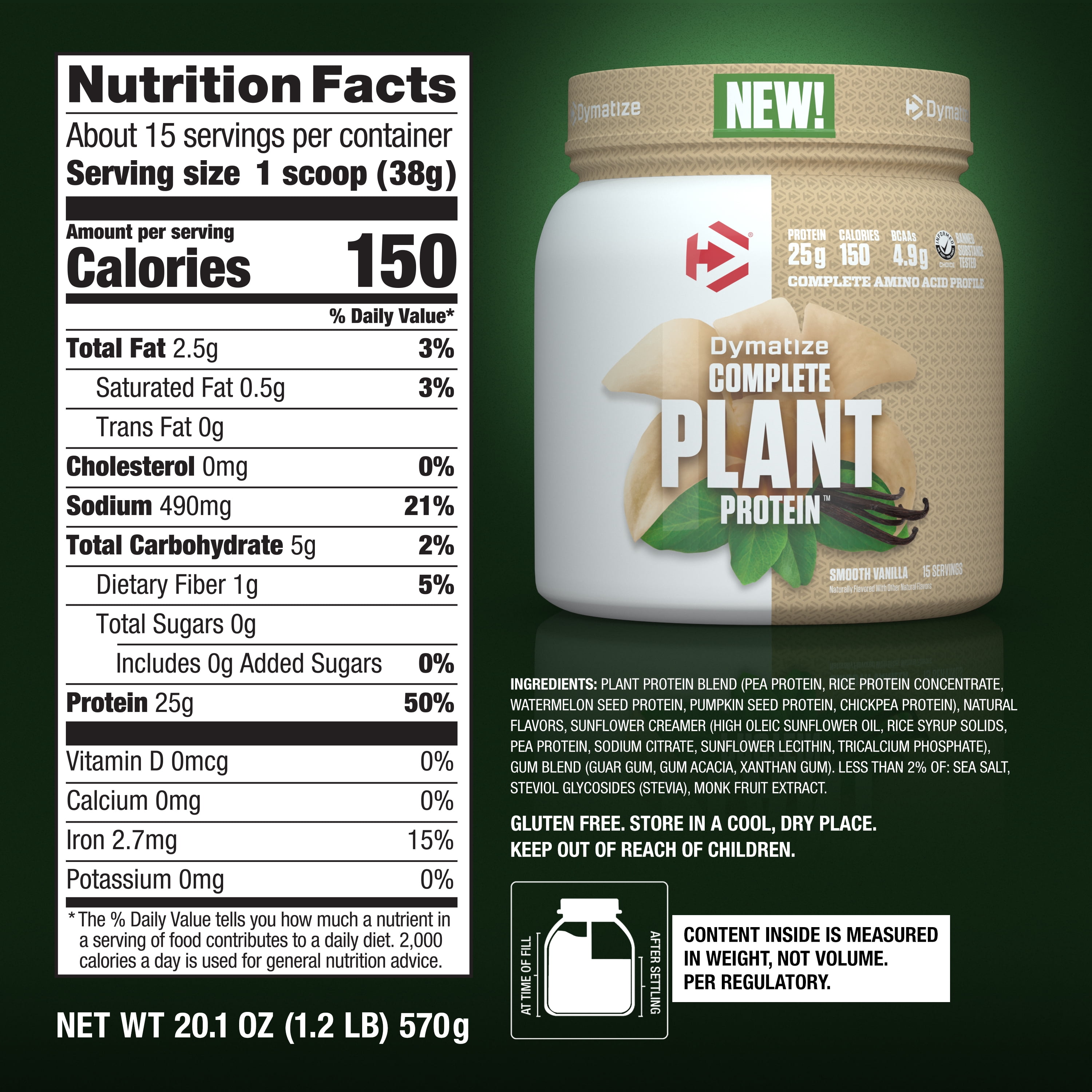Dymatize Complete Plant Protein, Smooth Vanilla, 25g protein, 4.8g BCAAs,  Complete Amino Acid Profile, 15 servings
