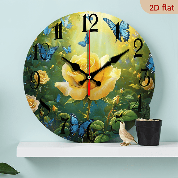 2D Flat 1pc 10Inch Wooden Wall Clock, Silent Non Ticking Battery Operated Yellow Rose Butterflies Wall Clocks for Kitchen Living Room Bedroom Bathroom Office