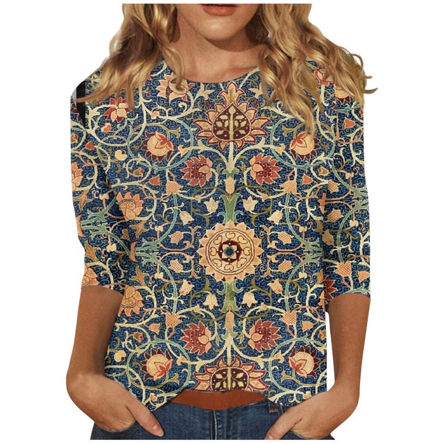 Camisas de manga 3/4 para mujer Camisetas gráficas con estampado lindo Blusas Casual Tallas grandes Tops básicos Jersey Marrón / L