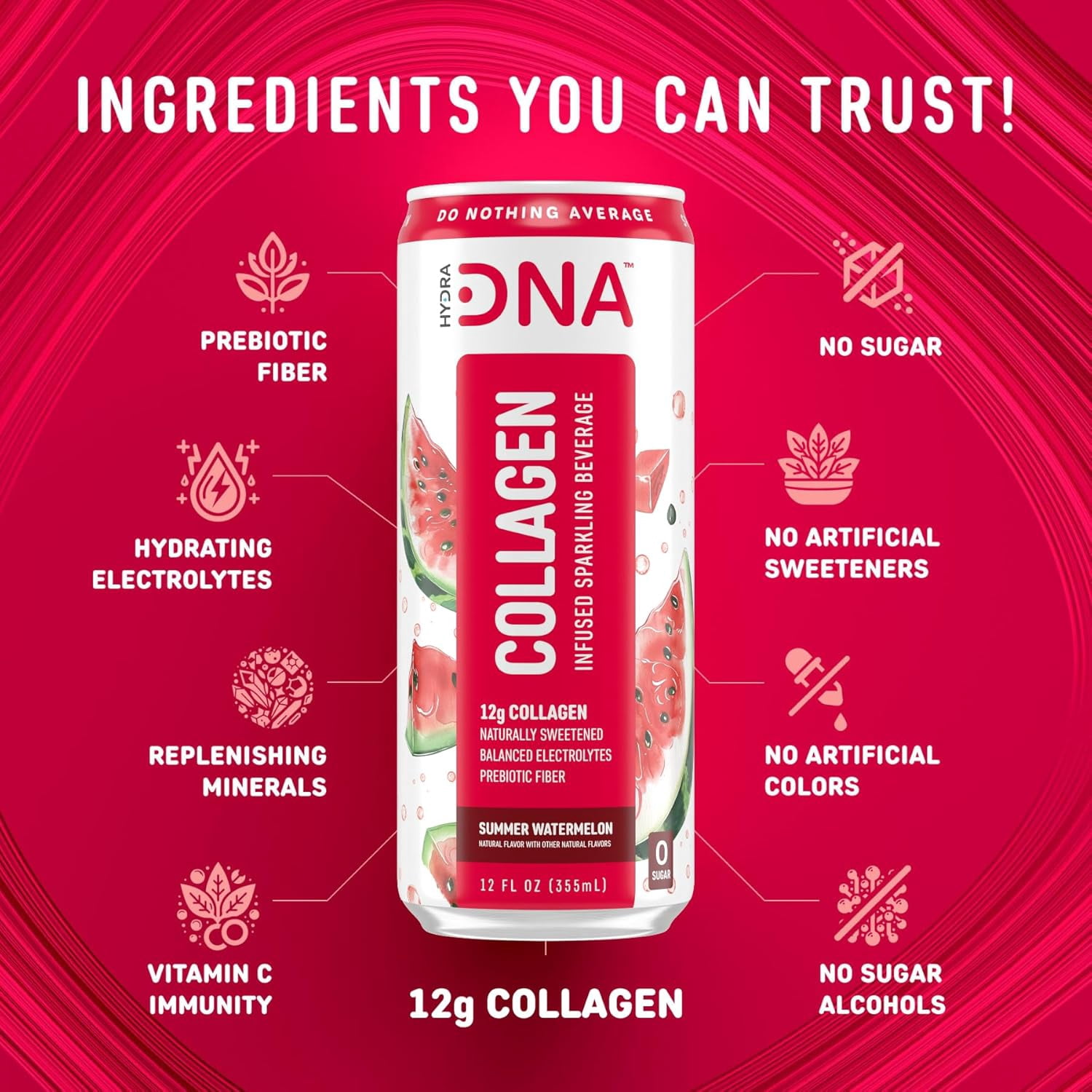 HYDRADNA Sparkling Protein Water, Collagen, Summer Watermelon Flavor, Sugar-Free, Keto-Friendly, Gluten-Free, 12 Pack, 12 fl oz