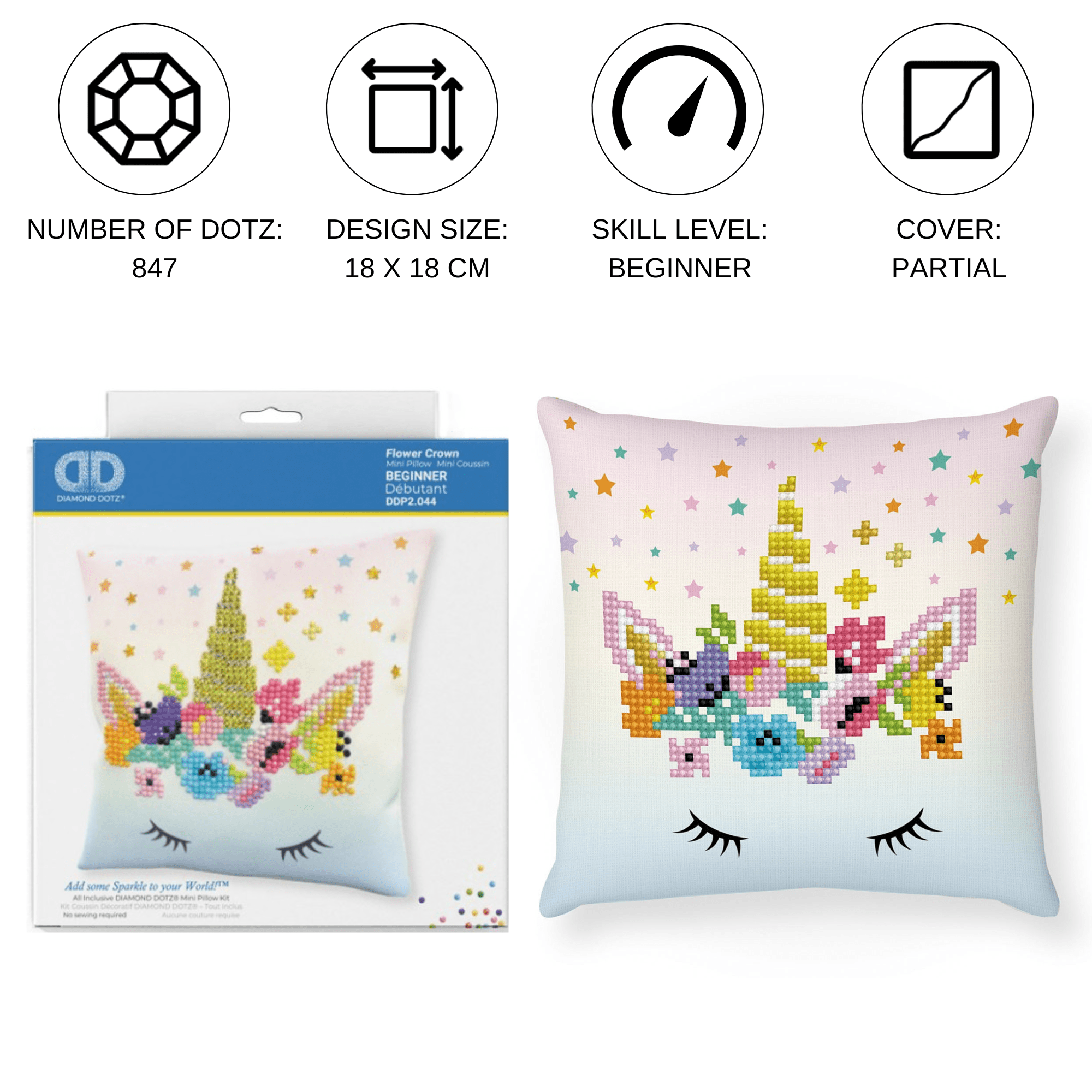 Diamond Dotz Flower Crown Mini Pillow Unicorn Diamond Painting Kits for Adults - Diamond Art Kits a Relaxing Creative Craft Kit with Dotz Gems 7"x7"