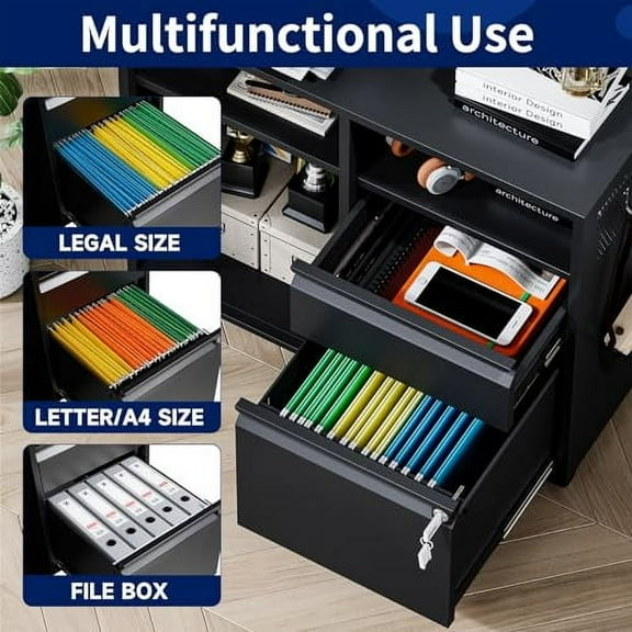 Yizosh 2-Drawer Metal File Cabinet with Lock, Mobile Lateral Filing Cabinet, Printer Stand with Adjustable Storage Shelves for Home Office (Black)