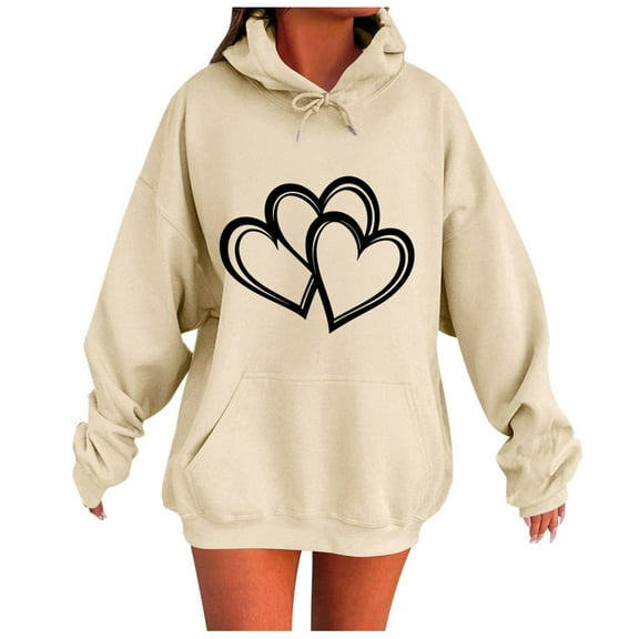 Women's Hearts Printed Hoodies Oversized Long Sleeve Drawstring Hooded Sweatshirts Casual Fashion Sweater Tops with Pockets (L, Beige)