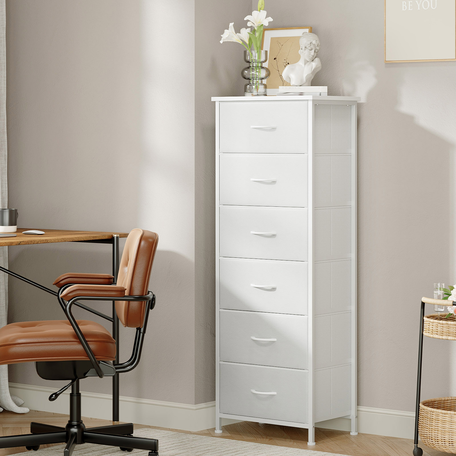 Eunos 6-Drawer Dresser with Fabric Bins, White Leather photo 3