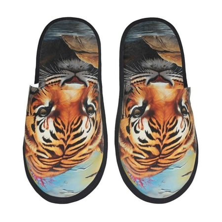 Balery Colorful Plant Tiger Slient Indoor Furry Fleece Comfort House Shoes Soft Non-Slip Home Shoes Cotton slippers House Slippers-- Large