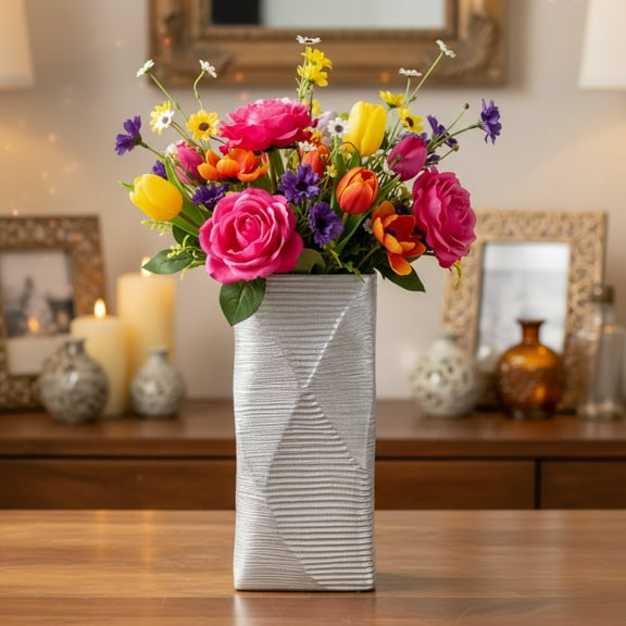 Jessalyn Ceramic Rectangular Vase with Brushed Geometric Pattern