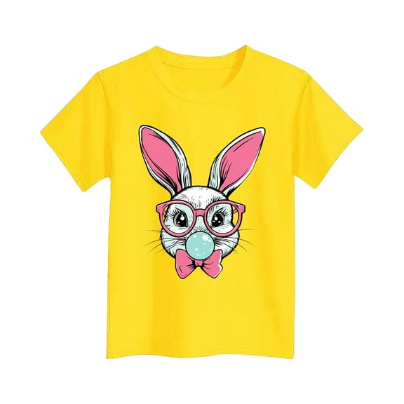 Easter Outfits for Girls Cotton Short Sleeve T-shirts Cute Rabbit Printed Graphic Tees Kids Tween 3-16 Years (3-4 Years, Yellow 01)