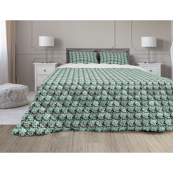 Retro Comforter & Sham Bedding Set, Bohemian Graffiti Style Leaf Shapes Aztec Mayan Folk Effects, 3 pcs Duvet Set Microfiber Filling Quilt, 5 Sizes, Sea Green Black, by Ambesonne