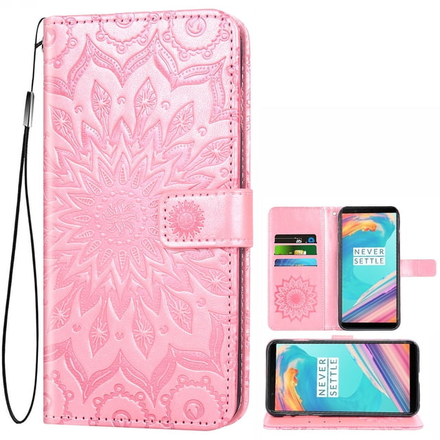 Case for Oneplus 5 Wallet Case Leather Premium PU Embossed Design Magnetic Closure Protective Cover with Card Slots for Oneplus 5, Rose Gold