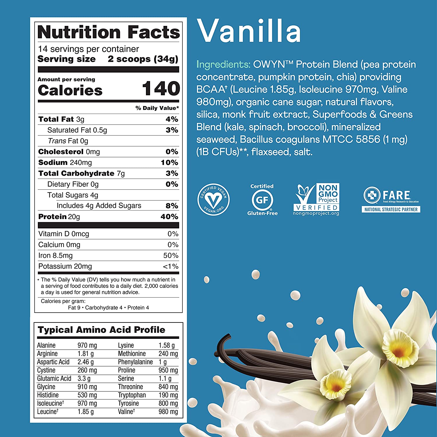 OWYN Only What You Need Plant-Based Protein Powder, Smooth Vanilla, 1.05 lbs - image 2 of 3