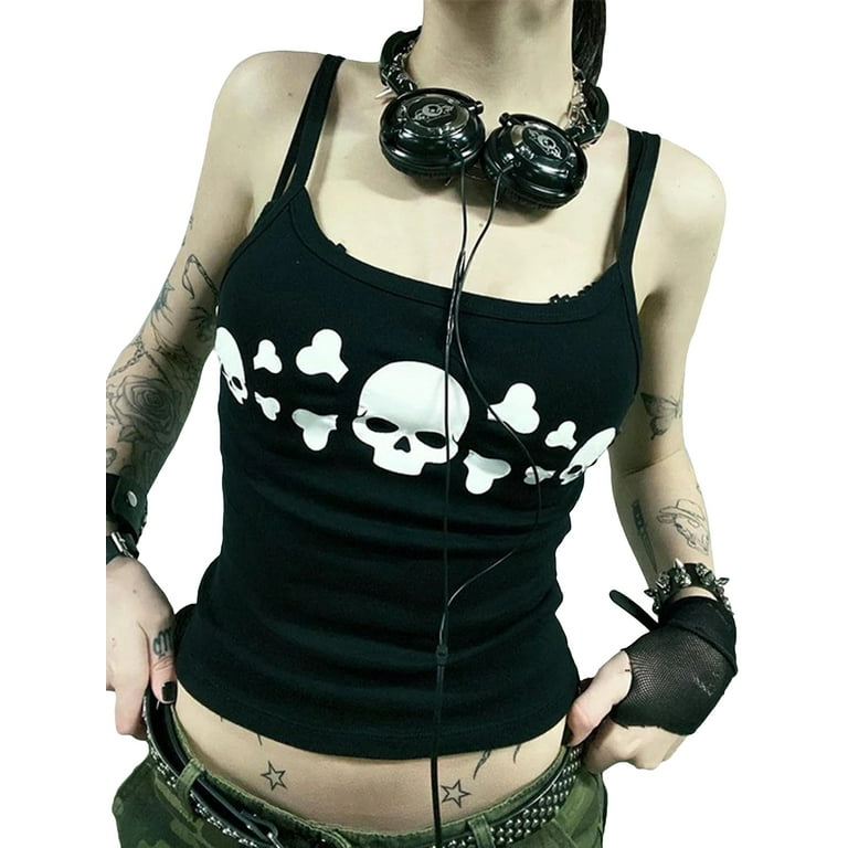 Women Goth Tank Tops Vintage Skull Print Backless Low Cut