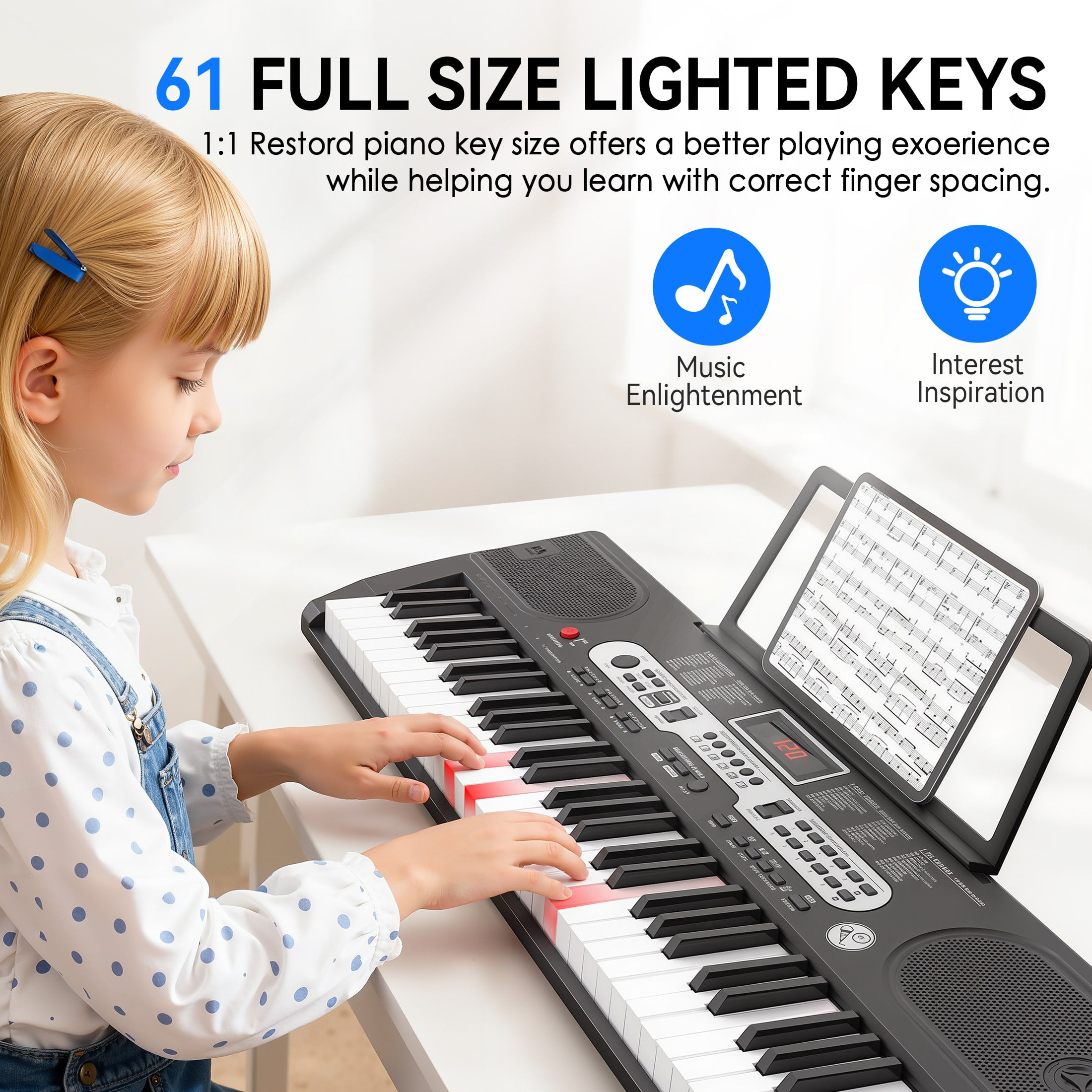 Redsmile 61-Key Piano Keyboard with Lighted Keys, Stand, Bench