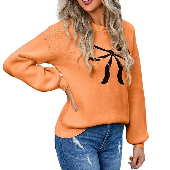 Bovemsi Womens Sweaters Women's Casual Round Neck Bow Sweater Autumn And Winter Knitted Shoulder Down Fall Sweaters