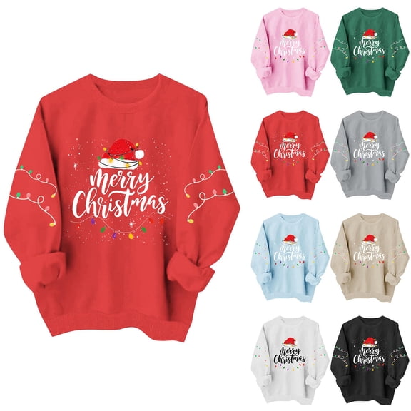Qzwdhjm Womens Christmas Sweatshirts Xmas Graphic Crewneck Sweatshirt with Thin Fleece Long Sleeve Loose Casual Pullover for Holiday Party