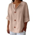 thumbnail image 2 of Brown Womens Tops Linen Shirts for Women Summer Cotton Linen V Neck 3/4 Sleeve Tops Loose Vacation Beach Solid Blouses Tunic Tops Shirts for Women, 2 of 6