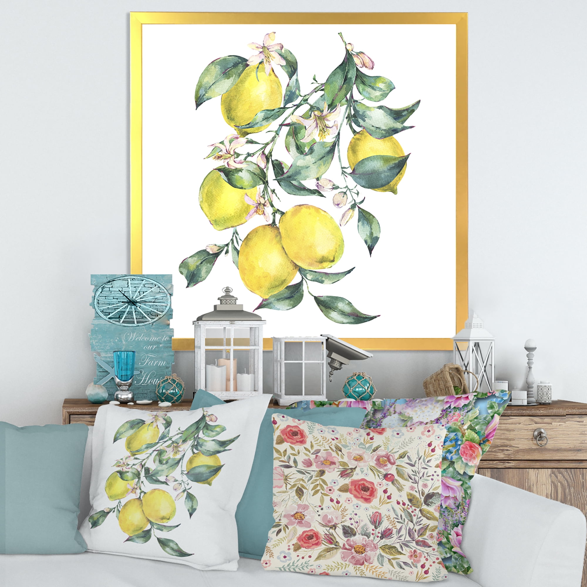 Designart 'Branch of Leaves and Yellow Lemons I' Tropical Framed Art Print