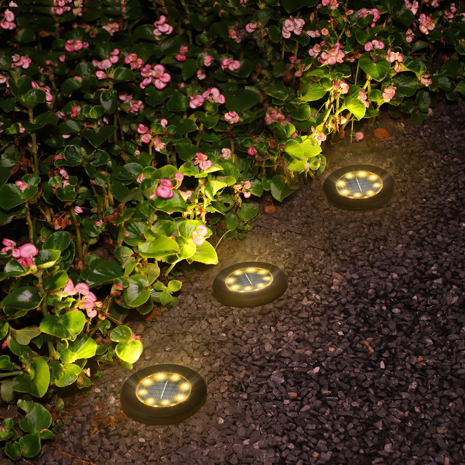 Solar Garden Lights In-Ground Disk 8 LED Warm Light Black Outdoor 8 Pack