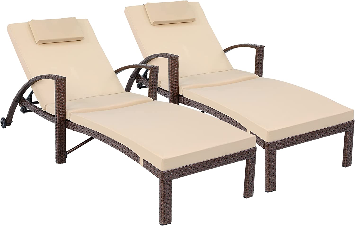 YITAHOME Outdoor Chaise Lounge Chairs, PE Rattan Wicker Patio Pool Loungers with Adjustable Backrest, Arm, Cushion, Pillow and Wheels for Poolside Backyard Porch Garden Beach (2, Brown) - image 1 of 9