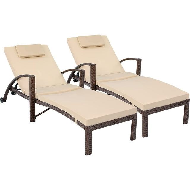 YITAHOME Outdoor Chaise Lounge Chairs, PE Rattan Wicker Patio Pool Loungers with Adjustable Backrest, Arm, Cushion, Pillow and Wheels for Poolside Backyard Porch Garden Beach (2, Brown)