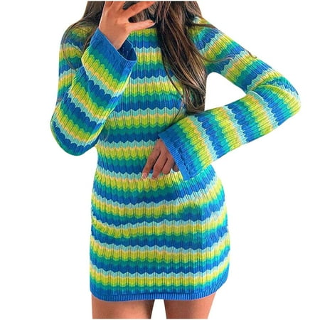 

Round Neck Long Sleeve Dress for Women Women s Woolen One-piece Dress New Stripe Backless Long Sleeve Knitted Tight Hip Wrap Skirt Women s Clothing Dress