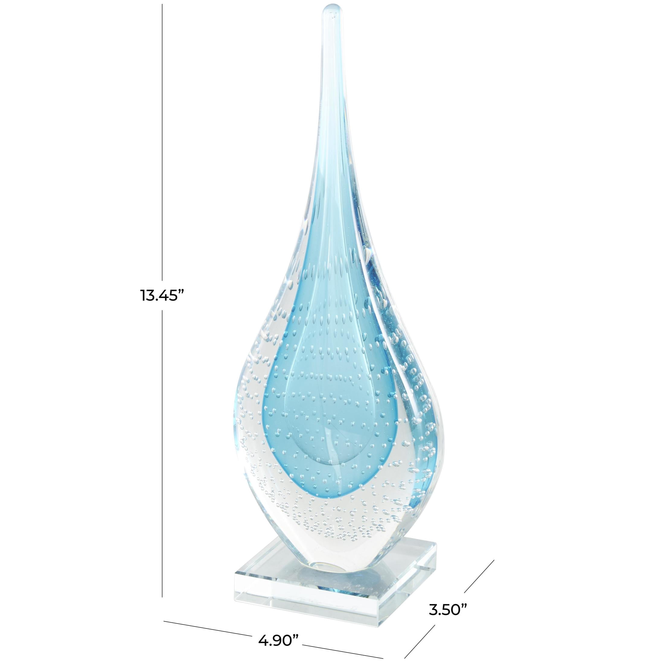 5" x 13" Blue Glass Teardrop Abstract Sculpture with Clear Bubble Droplets, by DecMode