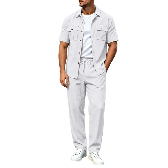 StSilkitty 2 Piece Outfits for Mens Short Sleeve Button down Shirts and Drawstring Pants Sets Summer Casual Outfit with Pocket
