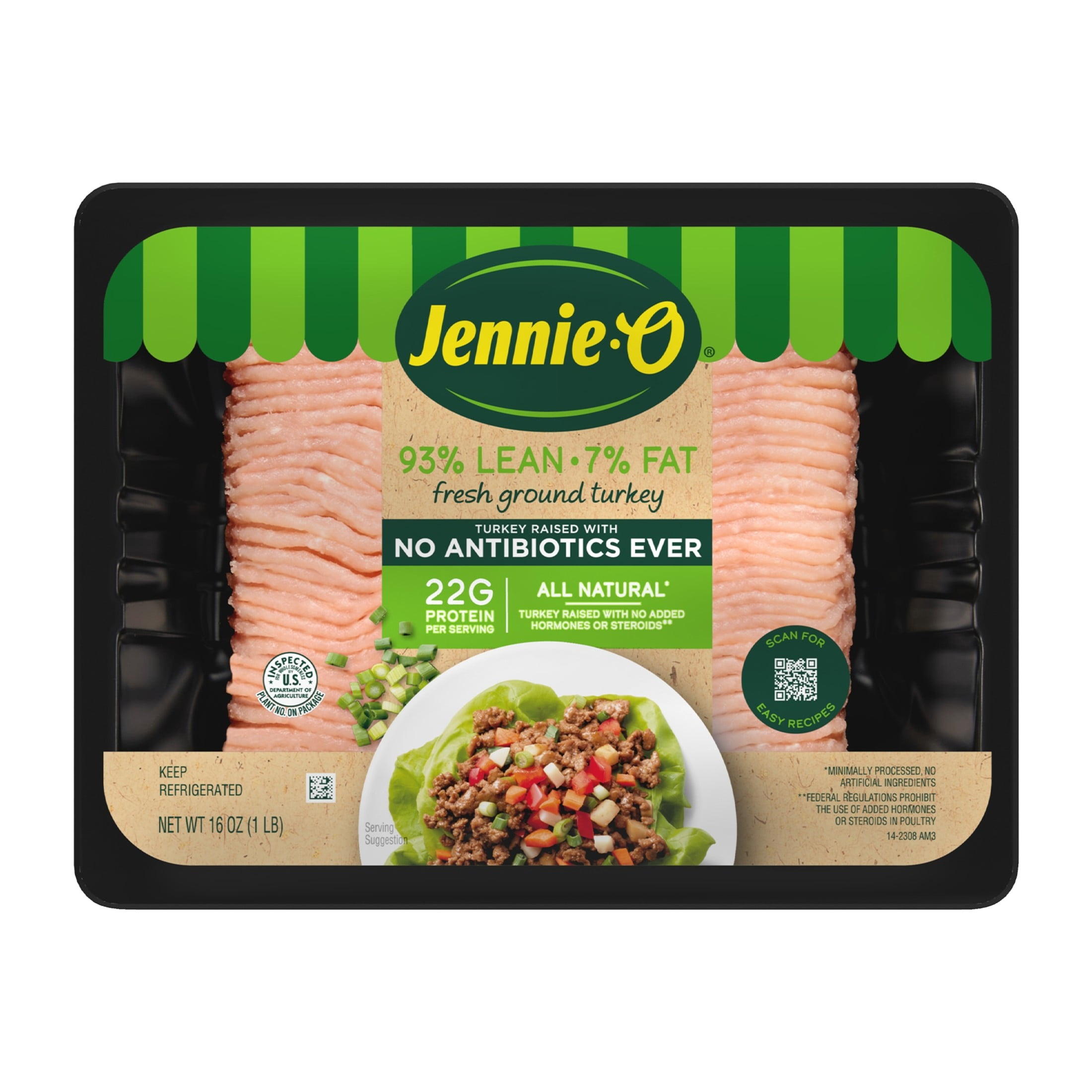 JENNIE-O All Natural Ground Turkey, 93/7%, Tray, 1 Pound, 22 Grams of Protein per Serving