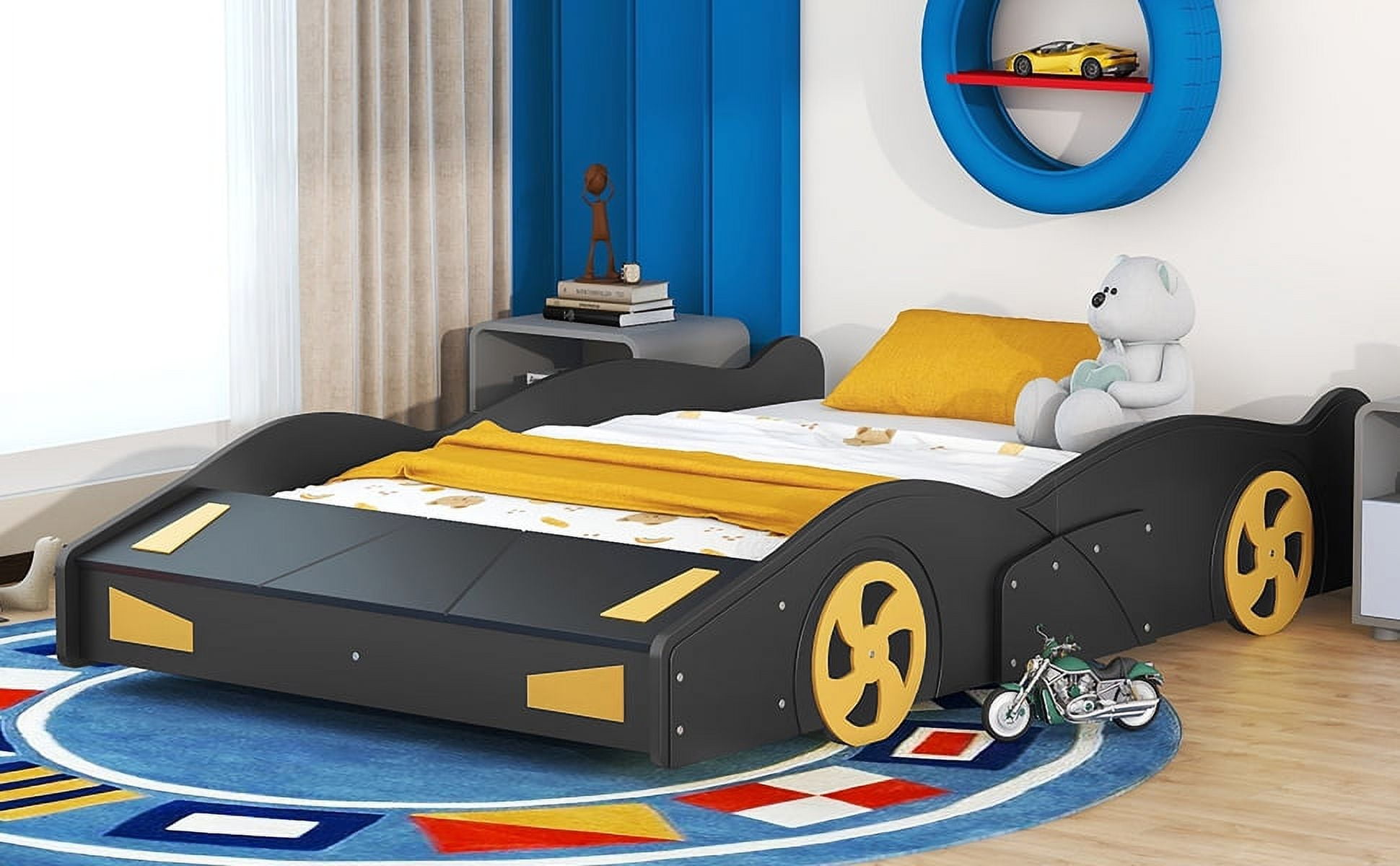 Full Size Platform Bed with Wheels and Storage, Black+Yellow