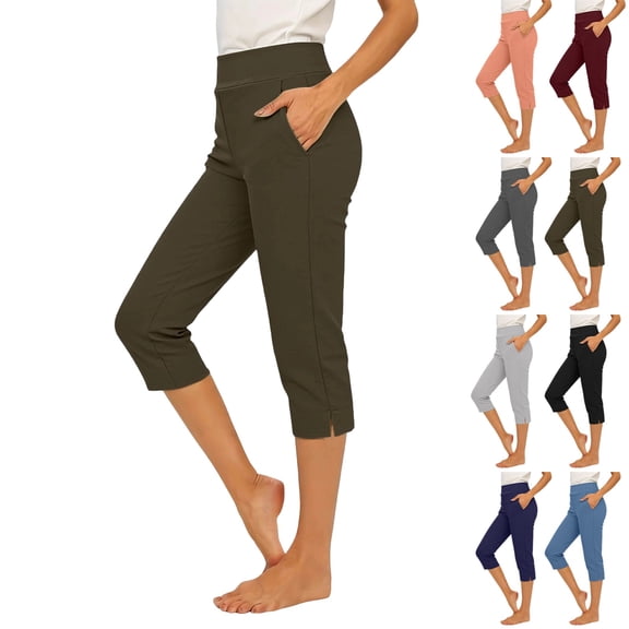 UDAUDU Capris for Women with Pockets High Waisted Summer Yoga Pants Stretch Pull On Ankle Business Casual Travel Athletic Work Capri Pants Army Green 2XL
