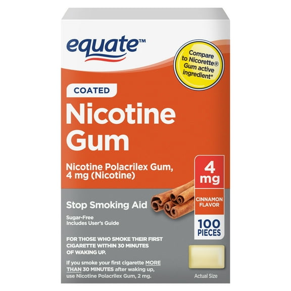 Equate Nicotine Polacrilex Coated Gum 4 mg, Cinnamon Flavor, Stop Smoking Aid, 100 Count