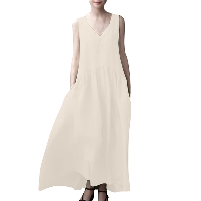 Gspmoly Robes d'Été pour Femmes, Nouvelle Robe d'Été Européenne Ample Plissée à la Mode Sans Manches en Lin Uni, Robe Sans Manches à Col en V et Longueur Cheville, Robe de Cocktail, Liquidation
