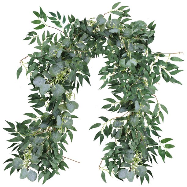 Guirnaldas vegetales artificiales de plata con forma de dólar y eucalipto en gris, verde y ramitas de sauce, guirnaldas entrelazadas para bodas rústicas, arcos, puertas, camino de mesa